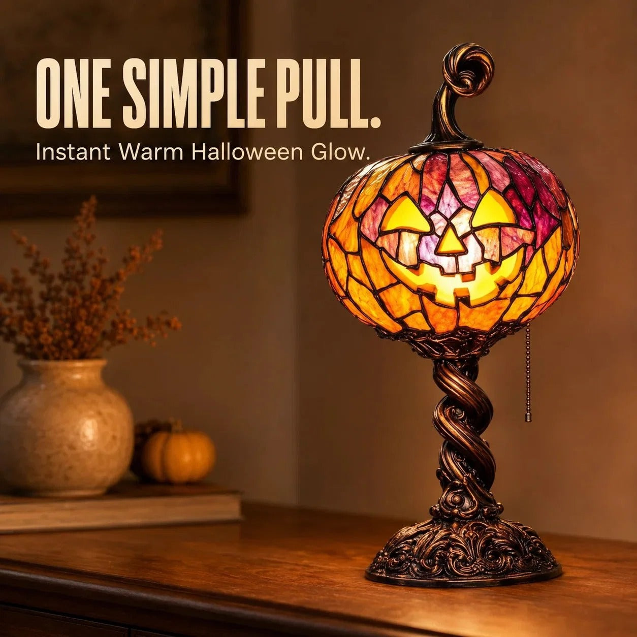 🎃 Halloween Pumpkin Glow Lamp – Vintage Stained Glass Style Table Light