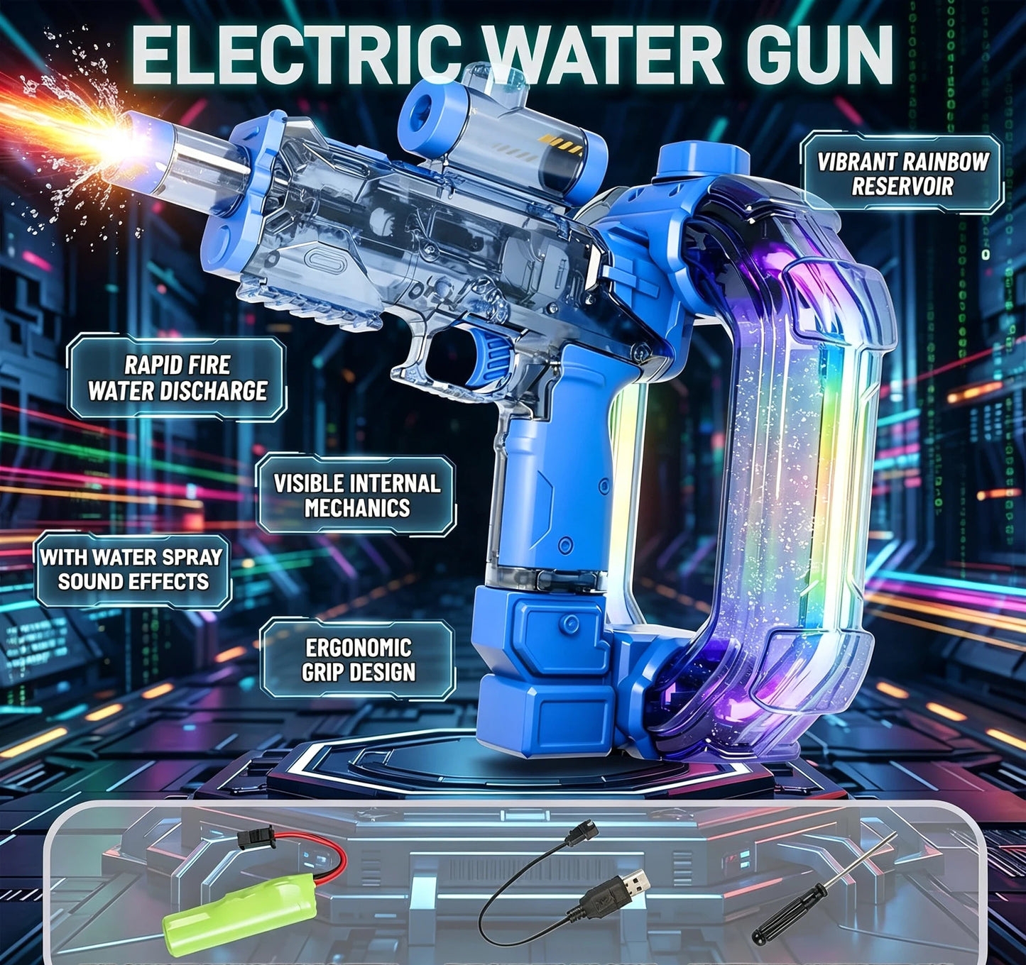💧 AquaBlast Electric Water Blaster – 750ml Tank, RGB Lights, Rapid Continuous Stream for Pool & Beach Fun