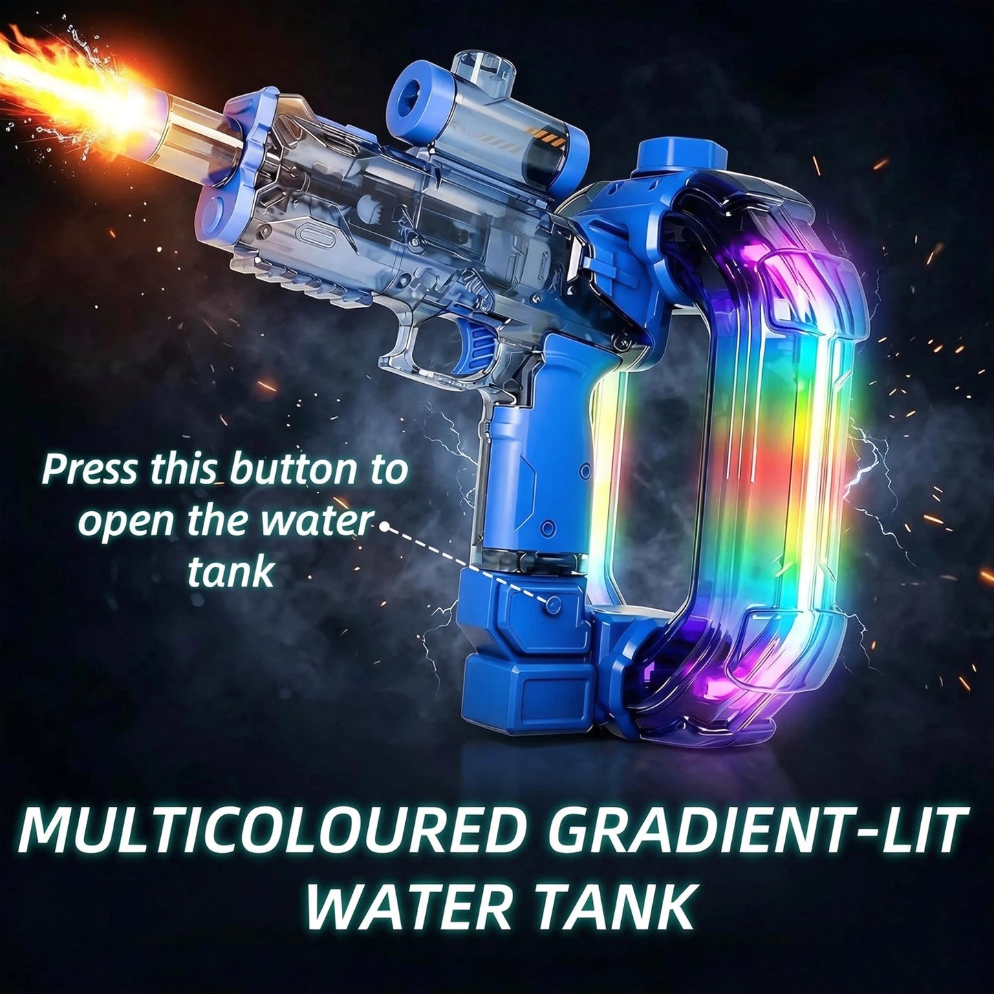 💧 AquaBlast Electric Water Blaster – 750ml Tank, RGB Lights, Rapid Continuous Stream for Pool & Beach Fun
