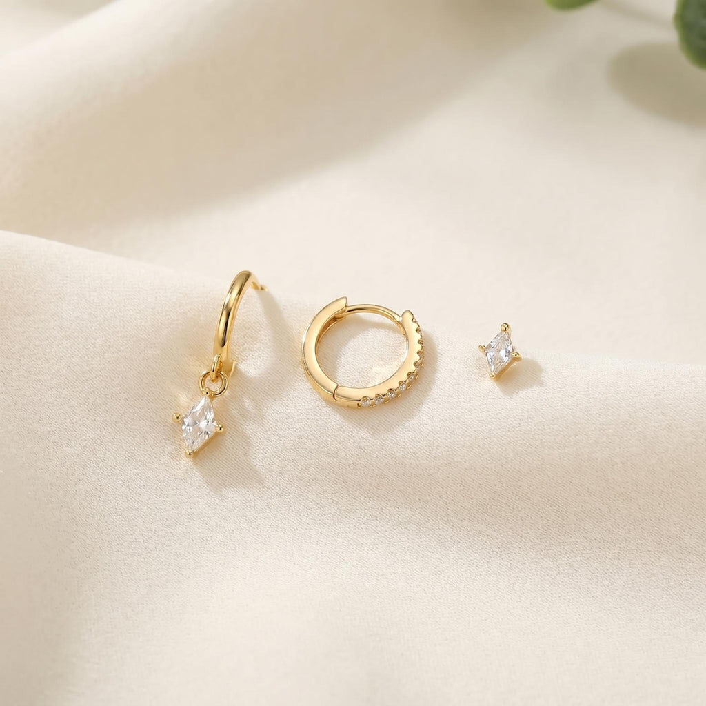 18K Gold Filled CZ Hoop Earrings Set,Dainty Diamond Drop Huggie Earrings,Minimalist Ear Stack,Everyday Jewelry Gift