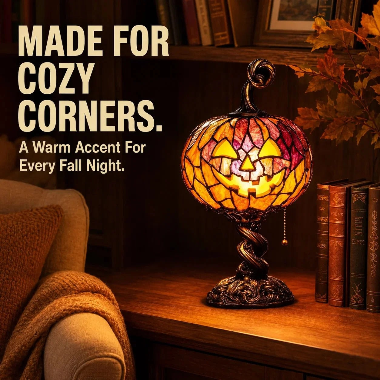 🎃 Halloween Pumpkin Glow Lamp – Vintage Stained Glass Style Table Light