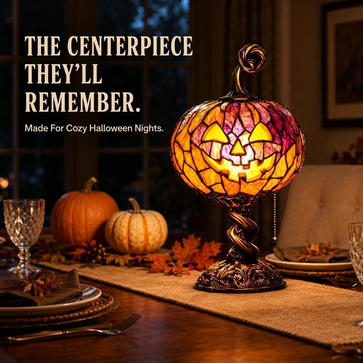 🎃 Halloween Pumpkin Glow Lamp – Vintage Stained Glass Style Table Light