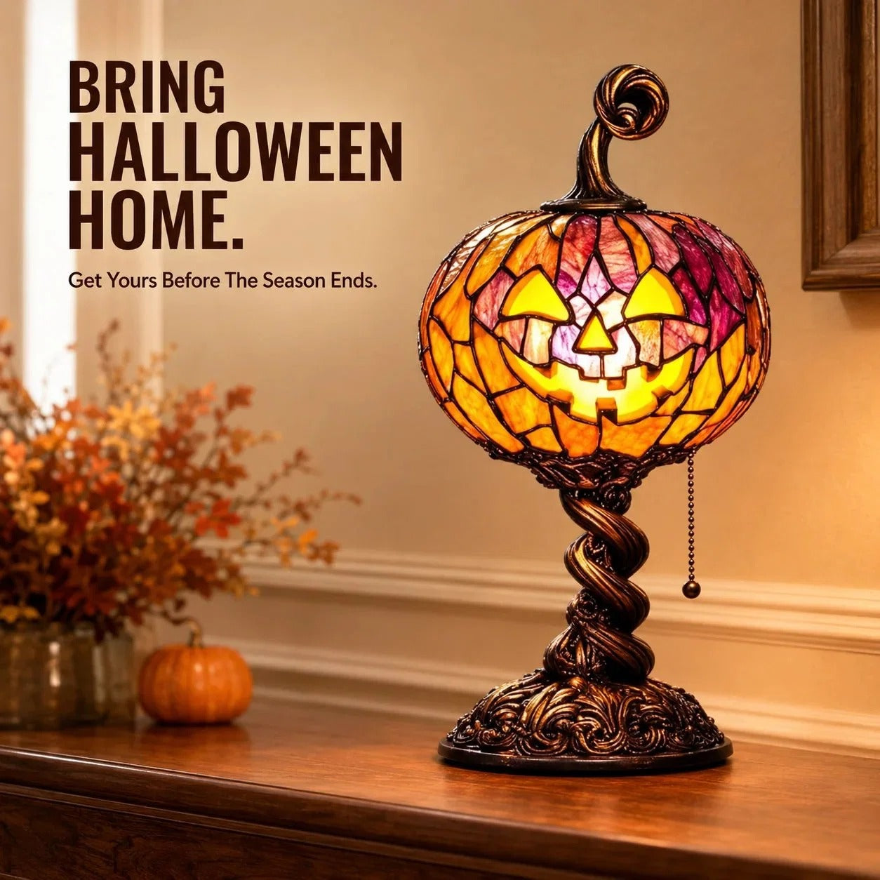 🎃 Halloween Pumpkin Glow Lamp – Vintage Stained Glass Style Table Light