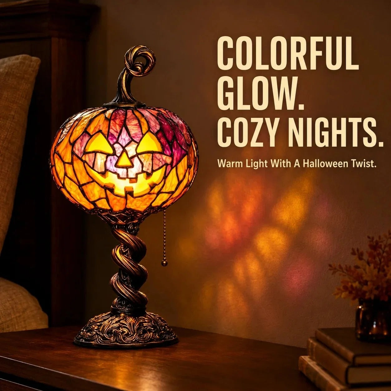 🎃 Halloween Pumpkin Glow Lamp – Vintage Stained Glass Style Table Light