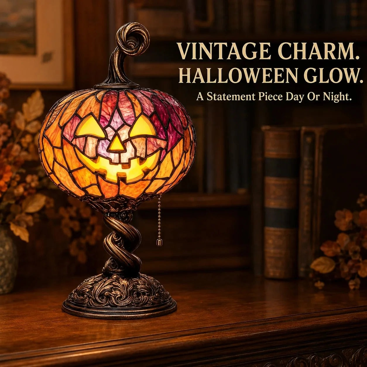 🎃 Halloween Pumpkin Glow Lamp – Vintage Stained Glass Style Table Light