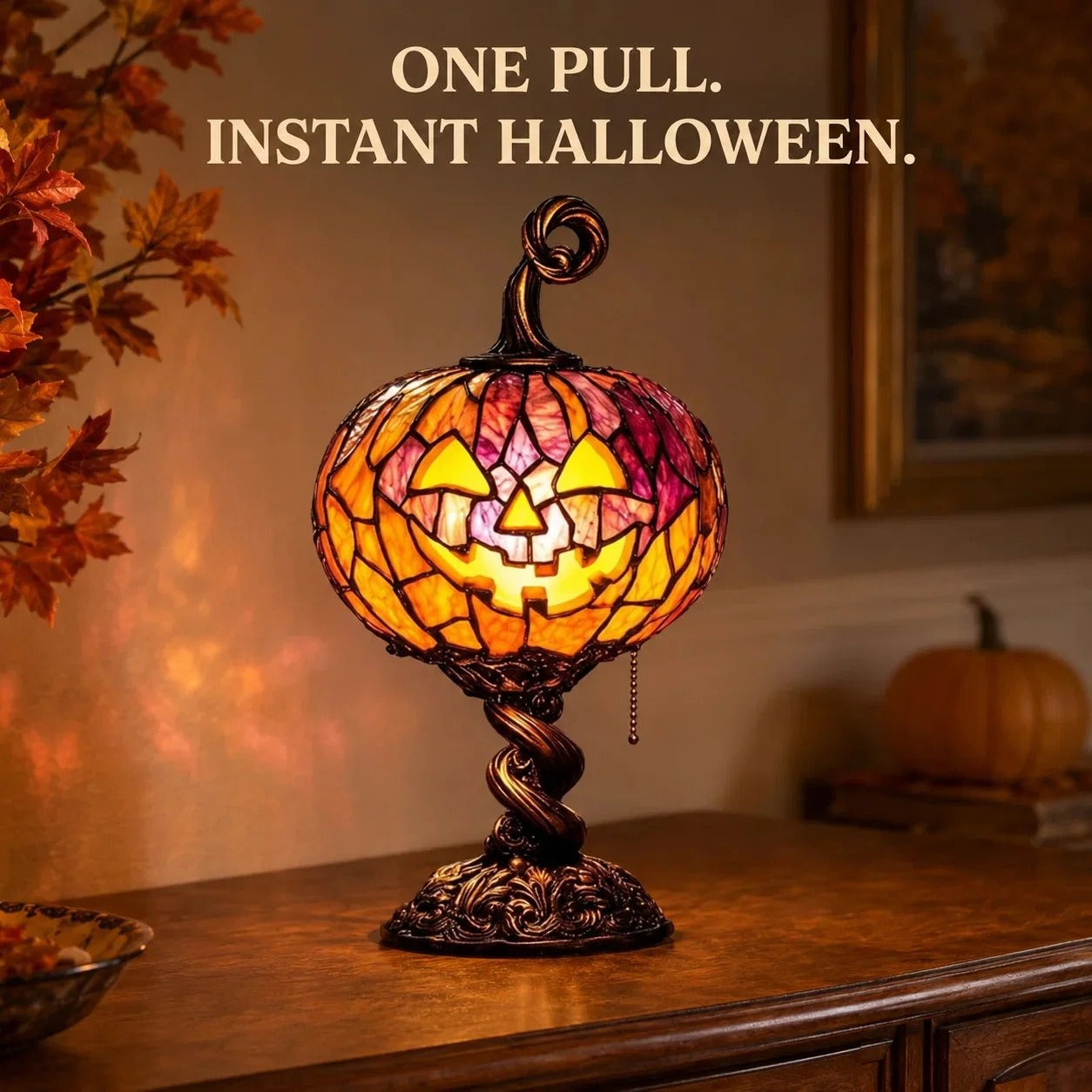 🎃 Halloween Pumpkin Glow Lamp – Vintage Stained Glass Style Table Light